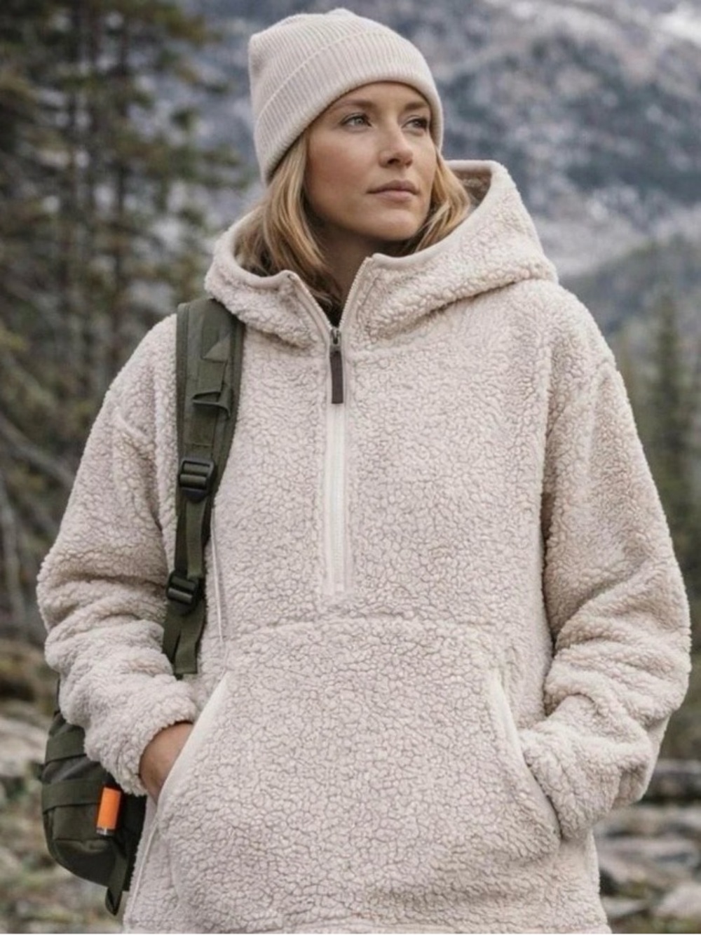 Prana Cream Teddy Sherpa Half-Zip Hoodie Jacket - Women